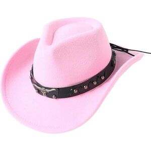 Kid Light Pink Western Studded Leather Bull Skull Band Classic Fedora Cowboy Hat
